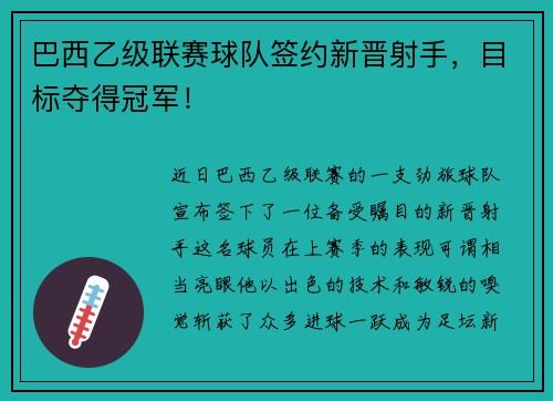 巴西乙级联赛球队签约新晋射手，目标夺得冠军！